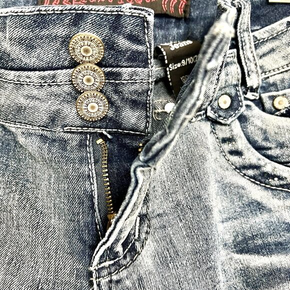 Erotic Touch Blue Jeans Size 9 / 10 28 Straight Embellished Distressed Torn - Picture 12 of 16